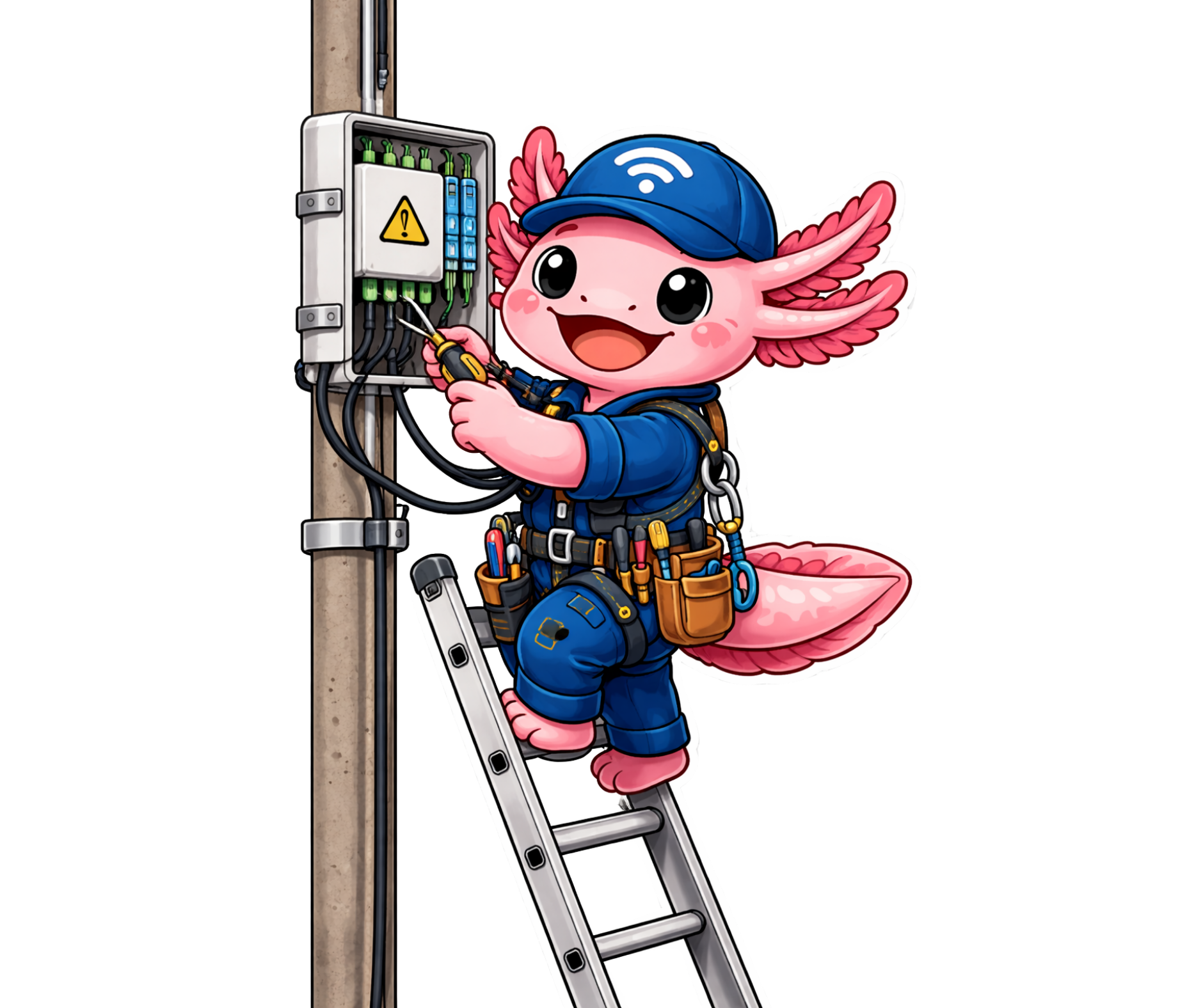 Ajolote instalando fibra óptica en poste